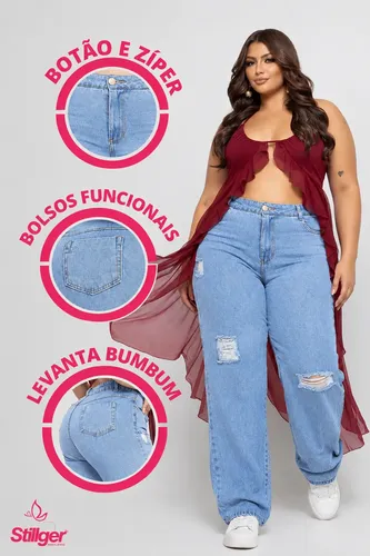 Calça Plus Size Jeans Feminina Wide Leg Levanta Bumbum