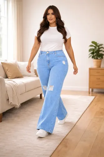 Calça Plus Size Jeans Feminina Wide Leg Levanta Bumbum