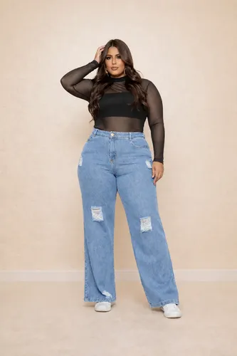 Calça Plus Size Jeans Feminina Wide Leg Levanta Bumbum