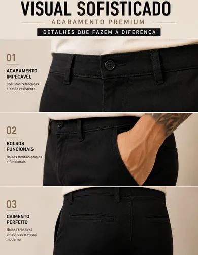 Calça Sarja Masculina Social Slim Elastano Bolso Embutido