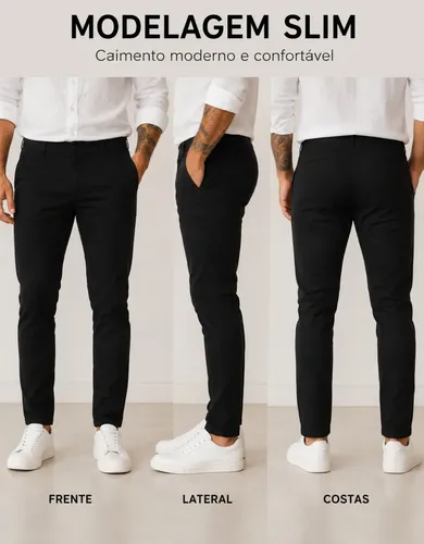 Calça Sarja Masculina Social Slim Elastano Bolso Embutido
