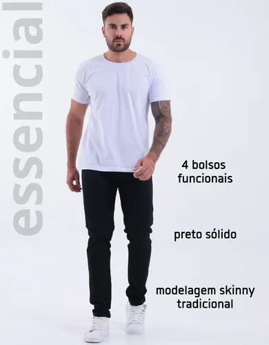 Calça Skinny Preta Masculina Jeans Com Elastano Lycra