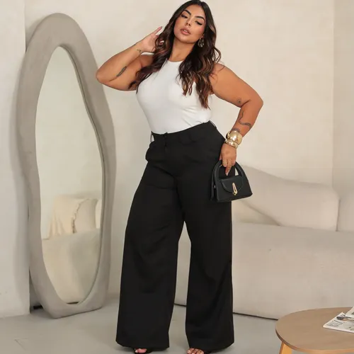 Calca wide leg plus size pantalona alfaiataria elegante l 1
