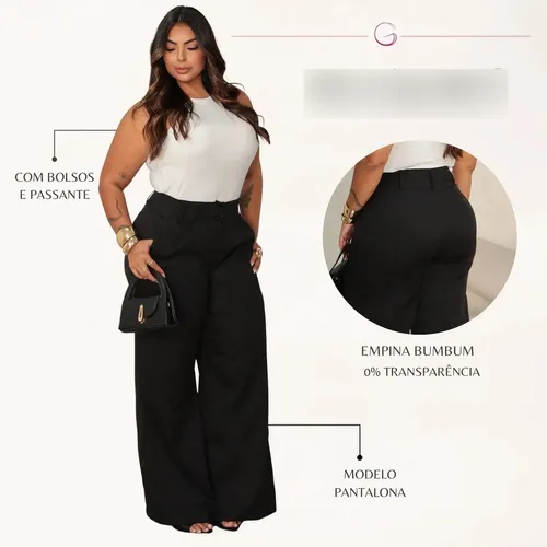 Calça Wide Leg Plus Size Pantalona Alfaiataria Elegante L