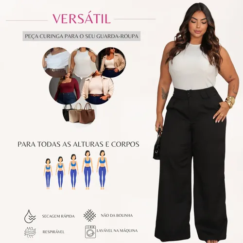Calça Wide Leg Plus Size Pantalona Alfaiataria Elegante L