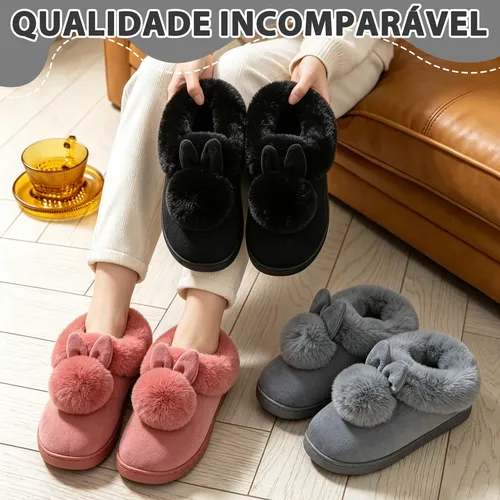 Calçados-femininos Pantufa Coelhinho Pelúcia Antiderrapante