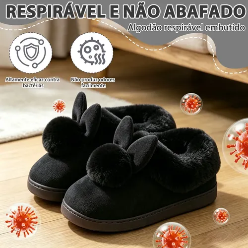 Calçados-femininos Pantufa Coelhinho Pelúcia Antiderrapante