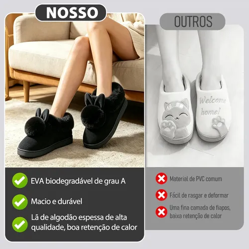 Calçados-femininos Pantufa Coelhinho Pelúcia Antiderrapante