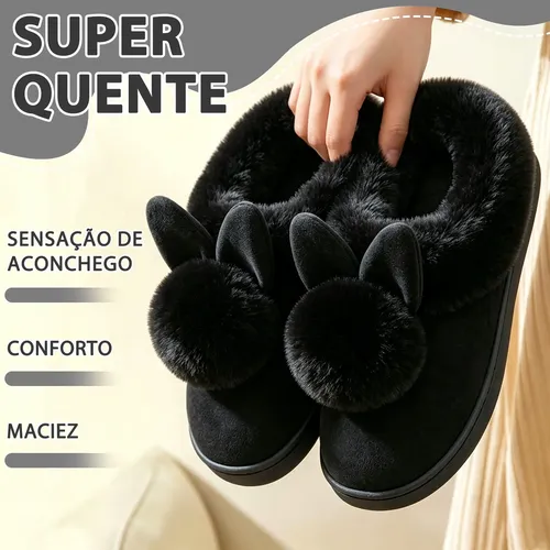 Calçados-femininos Pantufa Coelhinho Pelúcia Antiderrapante