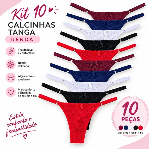 Calcinha De Renda Kit 10 Tanga Fio Lingerie Forro De Algodão