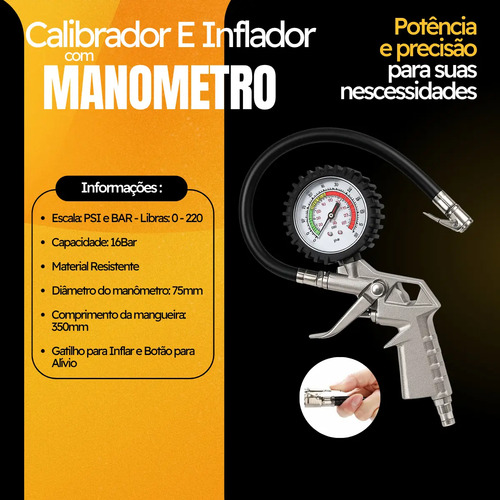 Calibrador De Pneus Profissional Com Manômetro 220 1/4