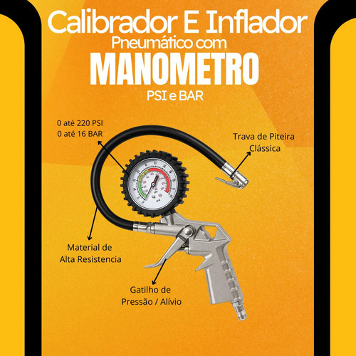 Calibrador De Pneus Profissional Com Manômetro 220 1/4