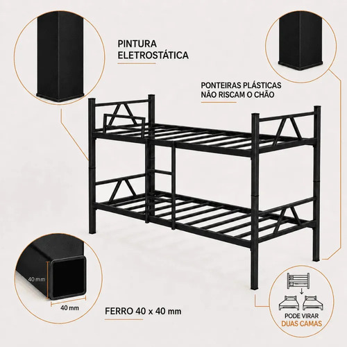 Cama Beliche Solteiro Klm Aço Reforçado Tubular Cor Preto Beliche Rubi