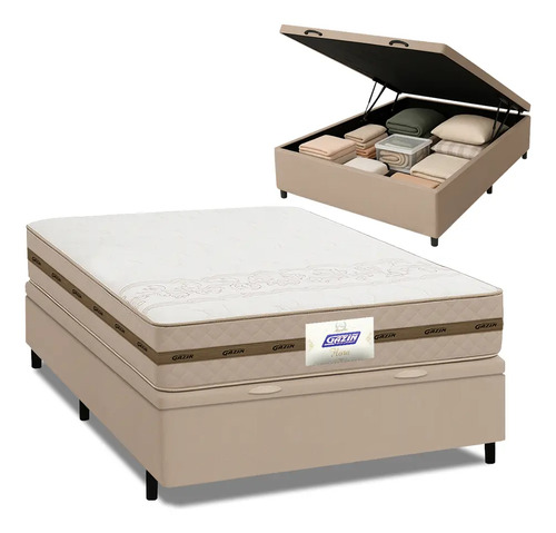 Cama box bau casal colchao gazin molas flora bege 138x188x63