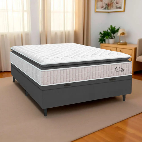Cama Box Baú Colchão Casal Molas Ensacadas City Pillow Top 138x188x64cm Branco e Cinza Hellen Suporta até 110kg por Pessoa