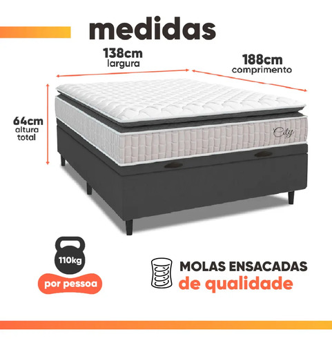 Cama Box Baú Colchão Casal Molas Ensacadas City Pillow Top 138x188x64cm Branco e Cinza Hellen Suporta até 110kg por Pessoa