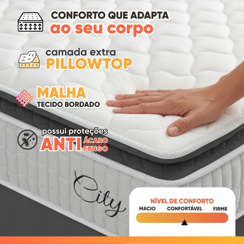 Cama Box Baú Colchão Casal Molas Ensacadas City Pillow Top 138x188x64cm Branco e Cinza Hellen Suporta até 110kg por Pessoa