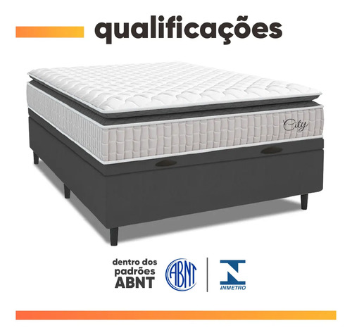 Cama Box Baú Colchão Casal Molas Ensacadas City Pillow Top 138x188x64cm Branco e Cinza Hellen Suporta até 110kg por Pessoa