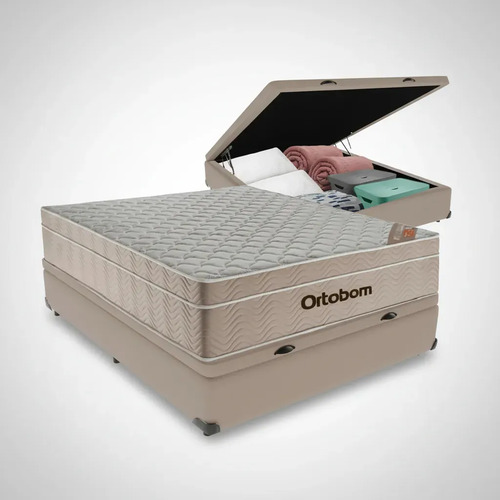 Cama box bau ortobom airtech springpocket casal colchao bege