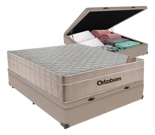 Cama box baú Ortobom Airtech Springpocket casal colchão bege