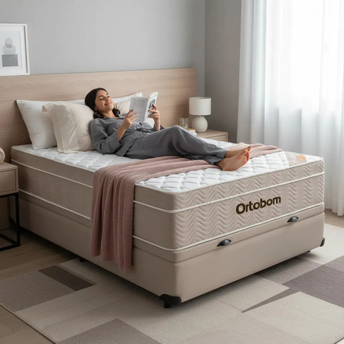 Cama box baú Ortobom Airtech Springpocket casal colchão bege