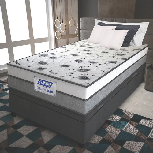Cama Box Baú Solteiro Colchão Espuma D33 Fort 88x188x62cm Cinza e Branco Gazin