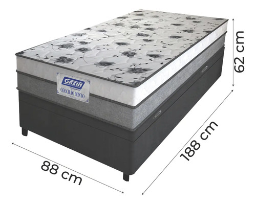 Cama Box Baú Solteiro Colchão Espuma D33 Fort 88x188x62cm Cinza e Branco Gazin