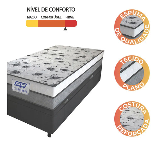 Cama Box Baú Solteiro Colchão Espuma D33 Fort 88x188x62cm Cinza e Branco Gazin