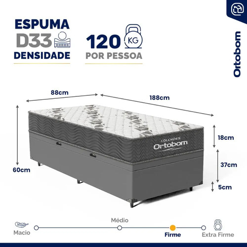 Cama Box Baú Solteiro Ortobom Com Colchão Espuma D33 Firme Cinza