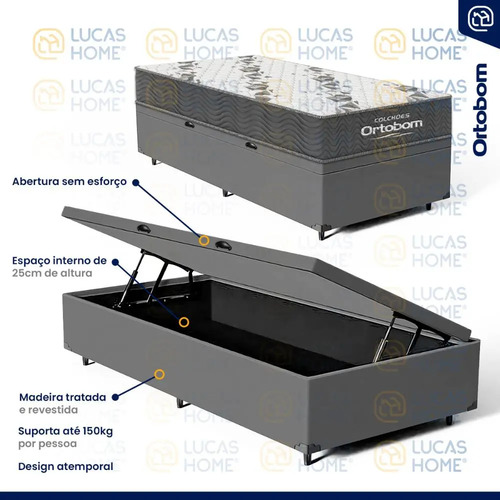 Cama Box Baú Solteiro Ortobom Com Colchão Espuma D33 Firme Cinza