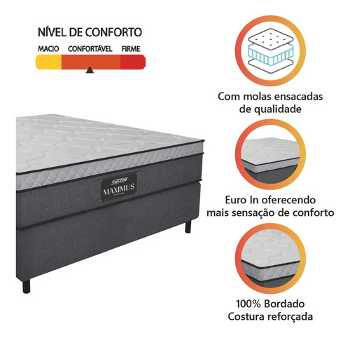Cama Box Casal Colchão Gazin Maximus Molas Ensacadas 138x188x62cm Linho Grafite / Branco - Suporta até 120Kg por Pessoa