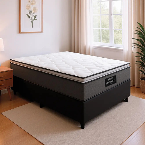 Cama Box Casal Colchão Gazin Molas Ensacadas Pillow Maximus Cinza e Preto 138x188x62cm