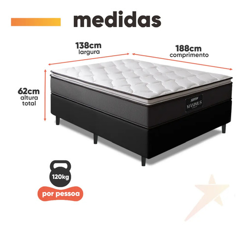 Cama Box Casal Colchão Gazin Molas Ensacadas Pillow Maximus Cinza e Preto 138x188x62cm
