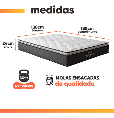Cama Box Casal Colchão Gazin Molas Ensacadas Pillow Maximus Cinza e Preto 138x188x62cm