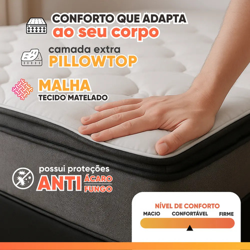 Cama Box Casal Colchão Gazin Molas Ensacadas Pillow Maximus Cinza e Preto 138x188x62cm