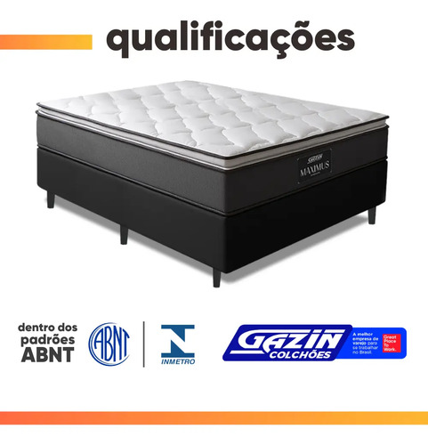 Cama Box Casal Colchão Gazin Molas Ensacadas Pillow Maximus Cinza e Preto 138x188x62cm