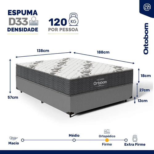 Cama Box Casal Ortobom Com Colchão Espuma D33 Cinza Firme Antiácaro