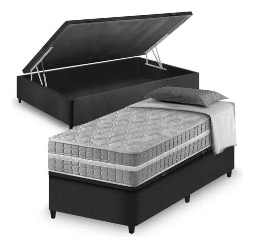 Cama box com bau preta solteiro king colchao alabama 96cm pr