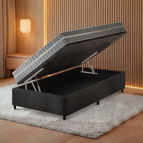 Cama Box Com Baú Preta Solteiro King + Colchão Alabama 96cm Preto
