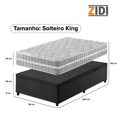 Cama Box Com Baú Preta Solteiro King + Colchão Alabama 96cm Preto