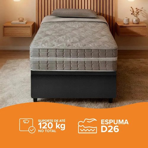 Cama Box Com Baú Preta Solteiro King + Colchão Alabama 96cm Preto