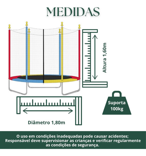 Cama Elástica Infantil Pula Pula largura 1,80m X altura 1,60m Trampolim Desmontável Eloria