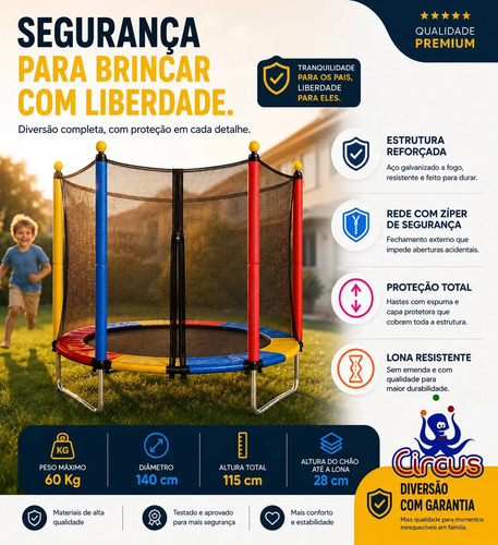 Cama Elástica Pula Pula Infantil Trampolim 1,4 Metros Lona De Salto Preto Proteção De Molas Colorida