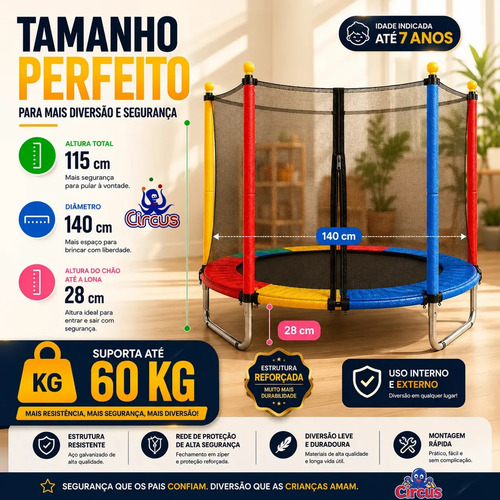 Cama Elástica Pula Pula Infantil Trampolim 1,4 Metros Lona De Salto Preto Proteção De Molas Colorida