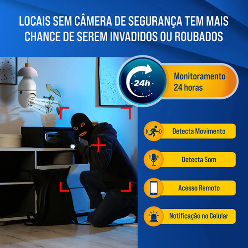 Câmera de Segurança IP Wi-Fi Lâmpada E27 HW 360° Full HD com Visão Noturna e Áudio - HW