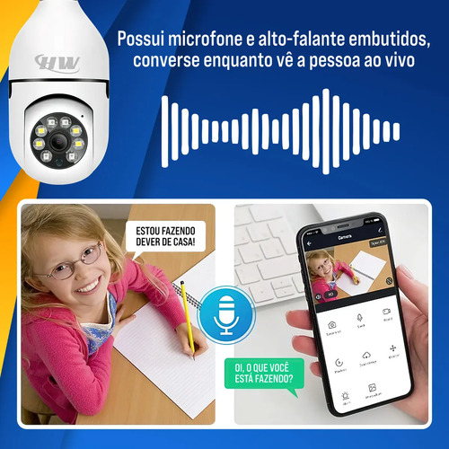 Câmera de Segurança IP Wi-Fi Lâmpada E27 HW 360° Full HD com Visão Noturna e Áudio - HW