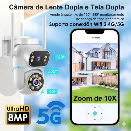 Câmera de vigilância externa Mvpsmart 360° PTZ Wi-Fi 8 MP Full HD - Alarme sonoro/luz, detecção de movimento, visão noturna IP66, áudio bidirecional, armazenamento em cartão SD/na nuvem