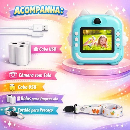 Câmera Digital Infantil Impressão Instantânea Dorama Foto Video Jogos Cor Câmera Polaroid Rosa