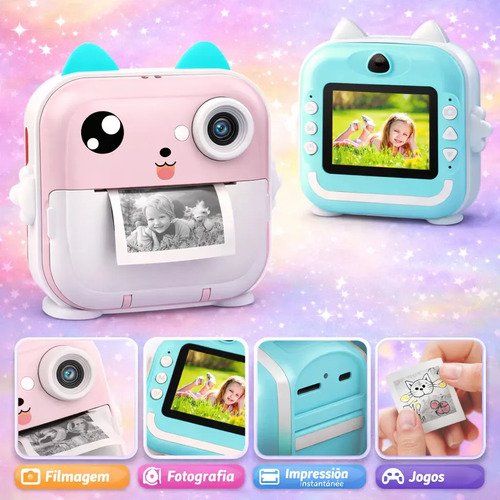 Câmera Digital Infantil Impressão Instantânea Dorama Foto Video Jogos Cor Câmera Polaroid Rosa
