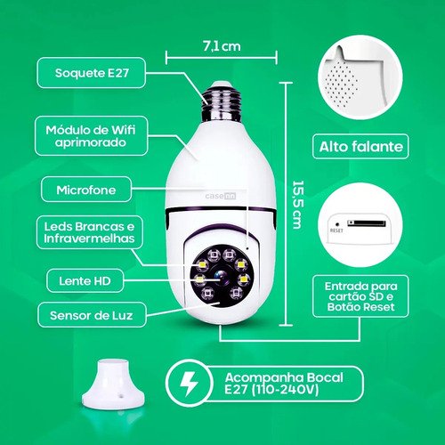 Câmera Lampada De segurança Casenn Ip Wifi Com Visão Noturna Interna Externa App Yoosee Espiã 360º Cor Branco